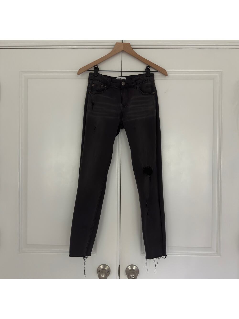 Pistola distressed raw hem skinny jeans charcoal Wash 5-pocket zip button ripped